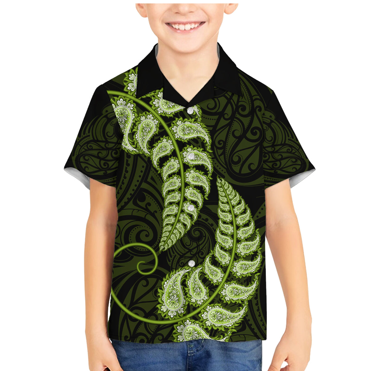 green-new-zealand-paisley-silver-fern-family-matching-mermaid-dress-and-hawaiian-shirt-aotearoa-maori