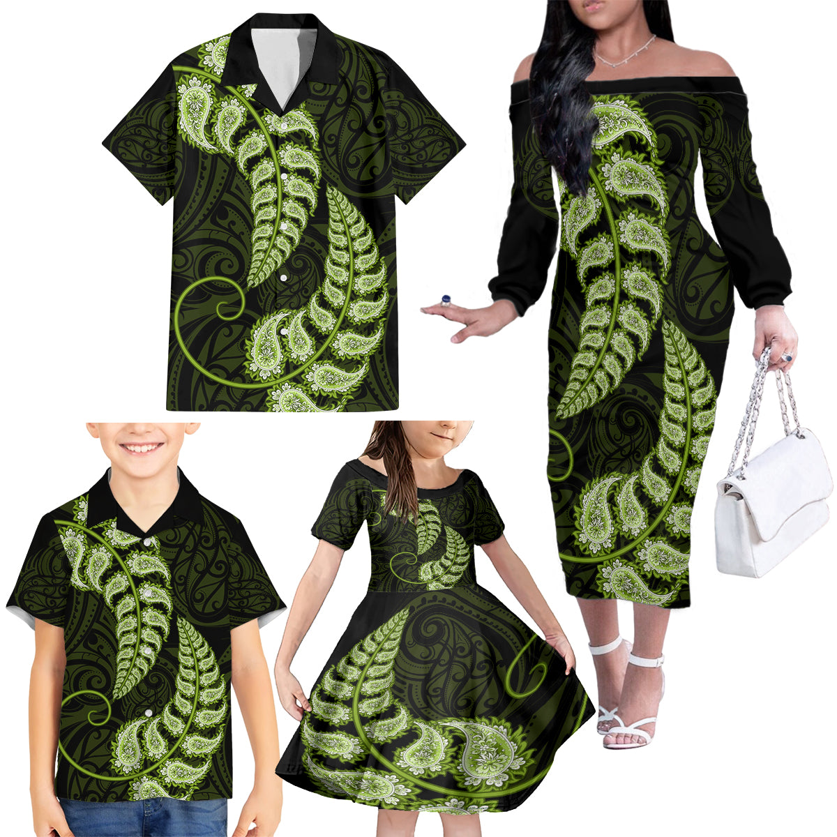 green-new-zealand-paisley-silver-fern-family-matching-off-shoulder-long-sleeve-dress-and-hawaiian-shirt-aotearoa-maori