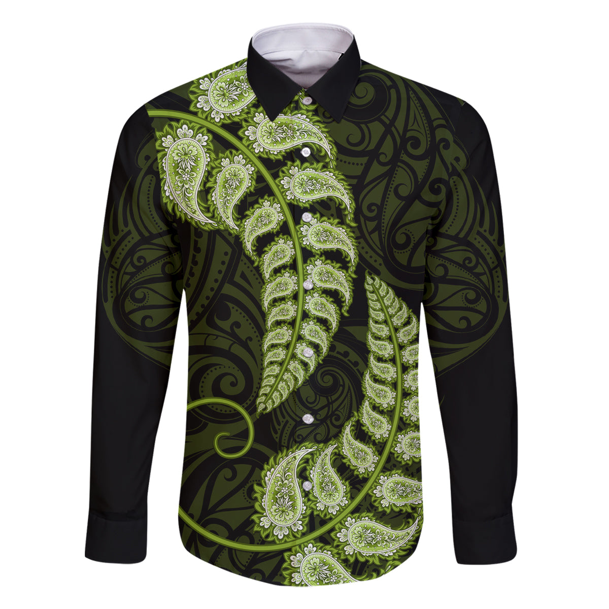 green-new-zealand-paisley-silver-fern-family-matching-off-shoulder-long-sleeve-dress-and-hawaiian-shirt-aotearoa-maori