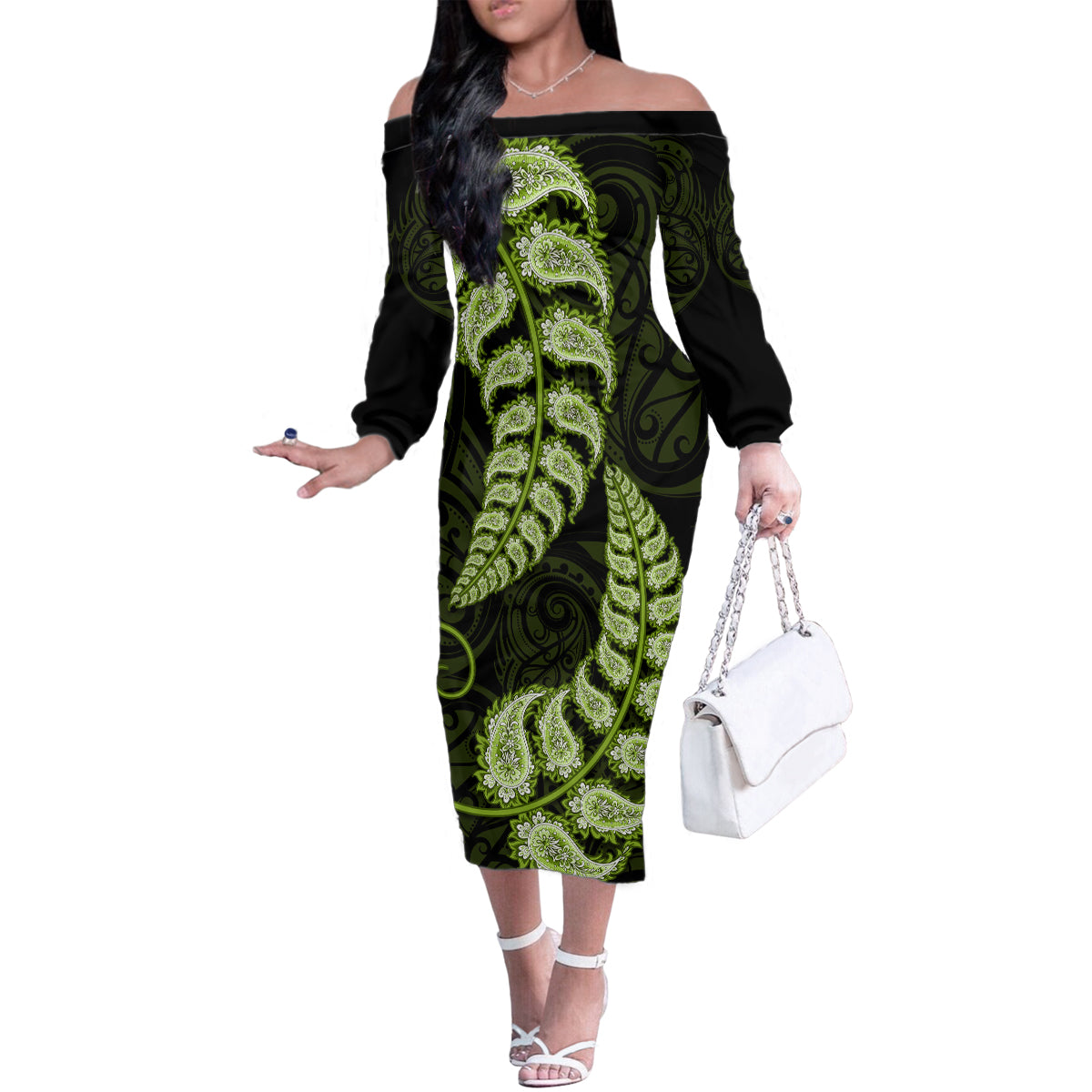 green-new-zealand-paisley-silver-fern-family-matching-off-shoulder-long-sleeve-dress-and-hawaiian-shirt-aotearoa-maori