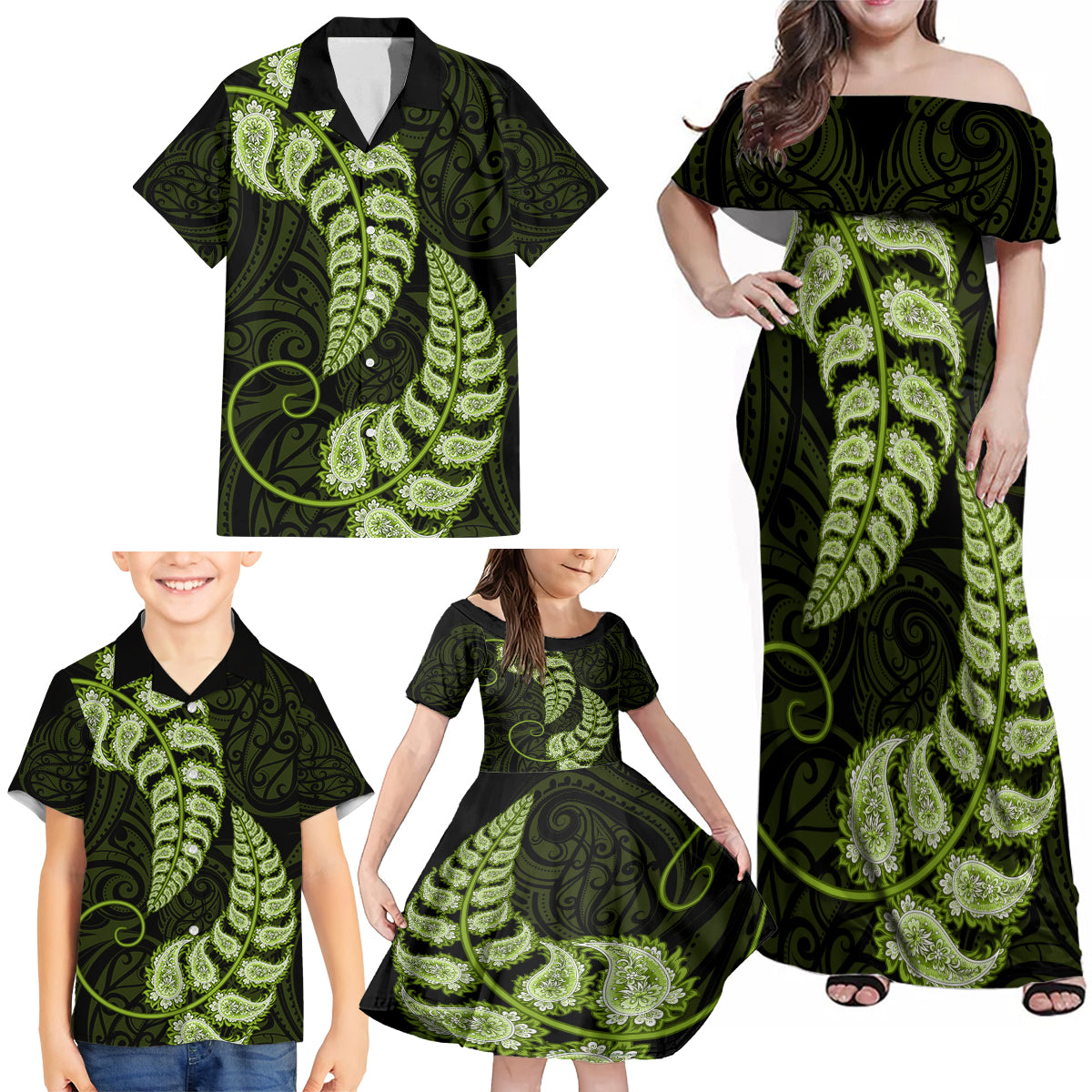 green-new-zealand-paisley-silver-fern-family-matching-off-shoulder-maxi-dress-and-hawaiian-shirt-aotearoa-maori