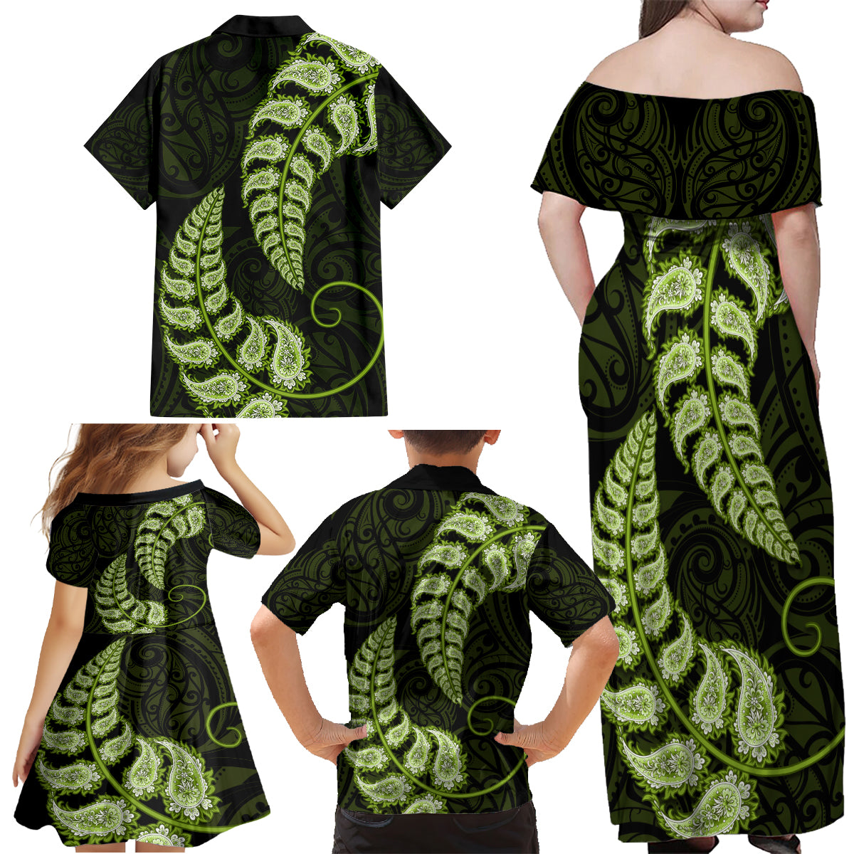 green-new-zealand-paisley-silver-fern-family-matching-off-shoulder-maxi-dress-and-hawaiian-shirt-aotearoa-maori