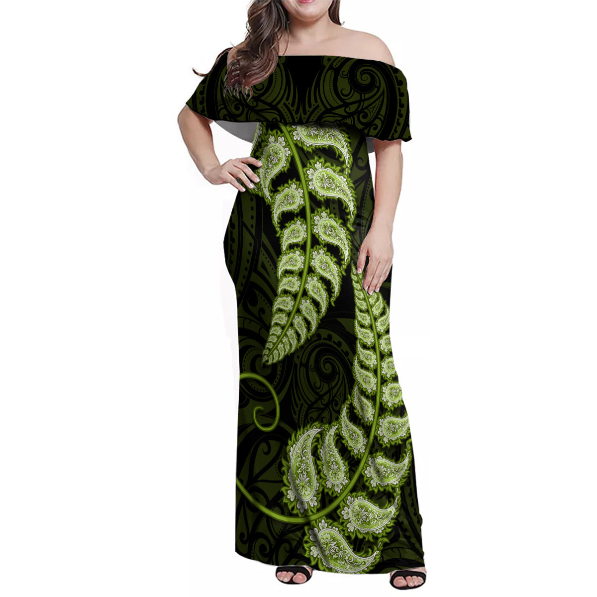 green-new-zealand-paisley-silver-fern-family-matching-off-shoulder-maxi-dress-and-hawaiian-shirt-aotearoa-maori