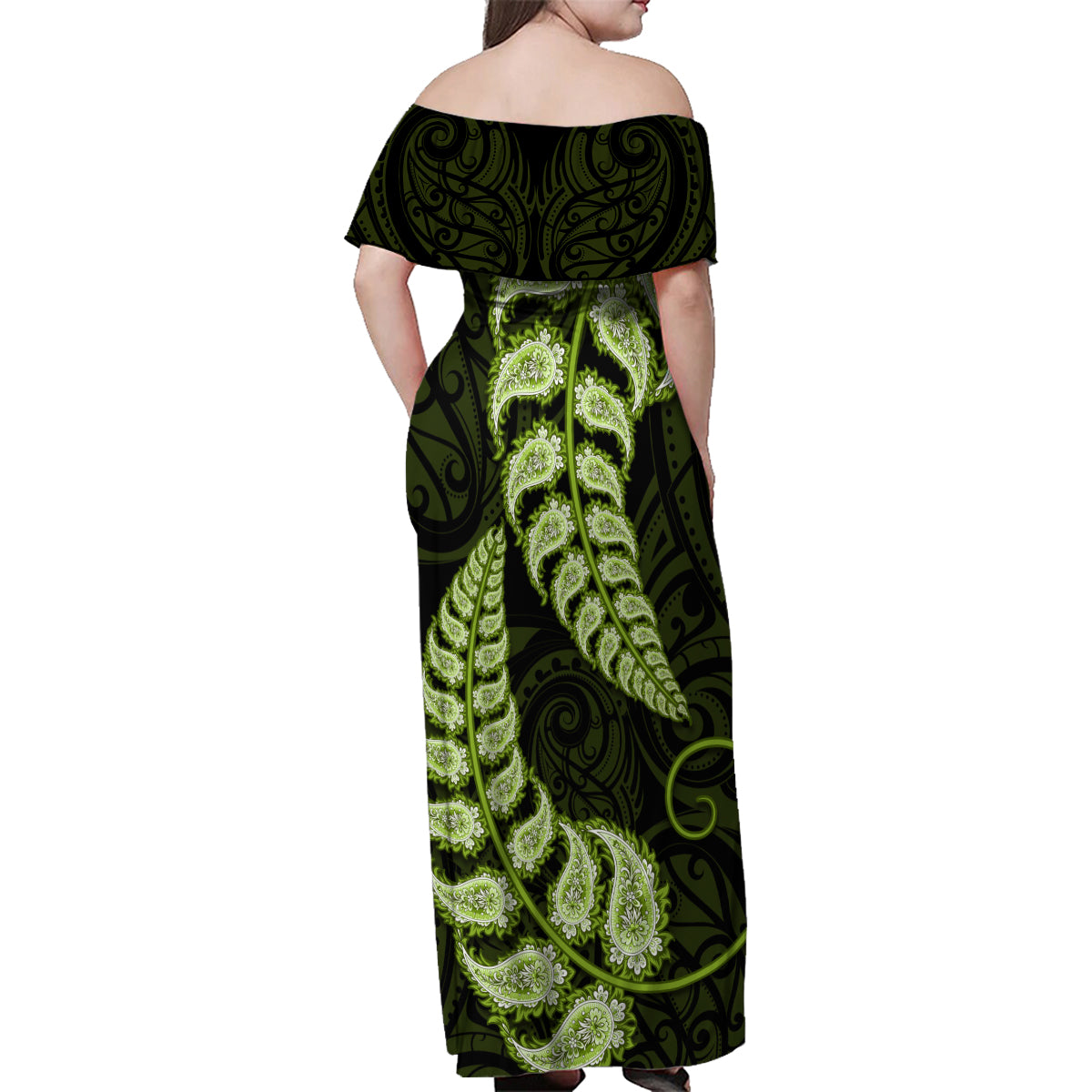 green-new-zealand-paisley-silver-fern-family-matching-off-shoulder-maxi-dress-and-hawaiian-shirt-aotearoa-maori