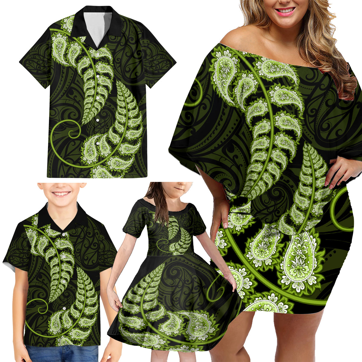 green-new-zealand-paisley-silver-fern-family-matching-off-shoulder-short-dress-and-hawaiian-shirt-aotearoa-maori