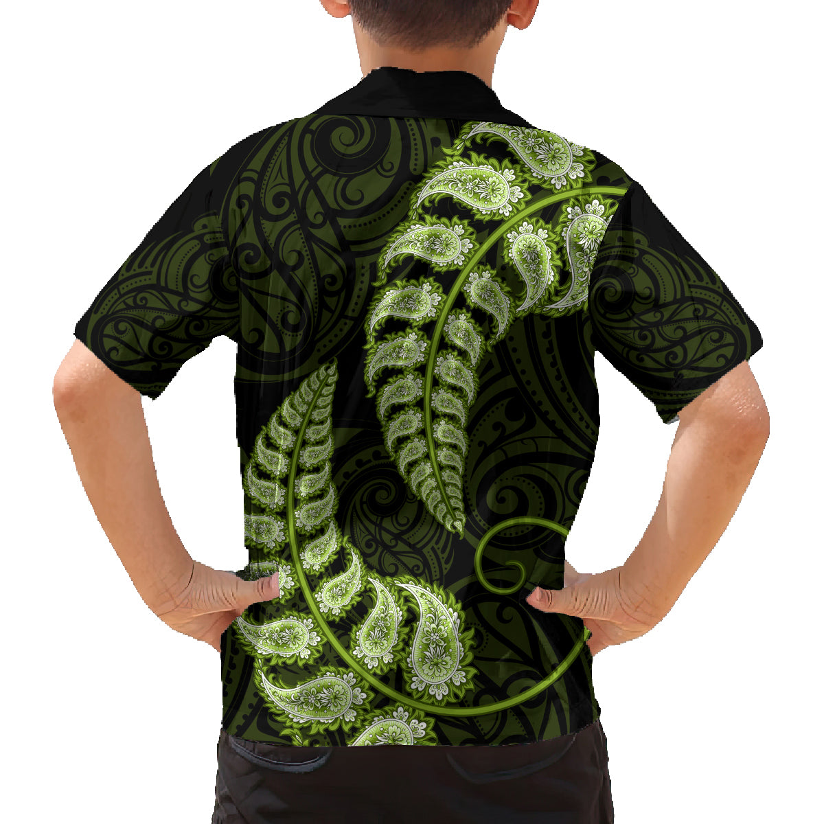 green-new-zealand-paisley-silver-fern-family-matching-off-shoulder-short-dress-and-hawaiian-shirt-aotearoa-maori