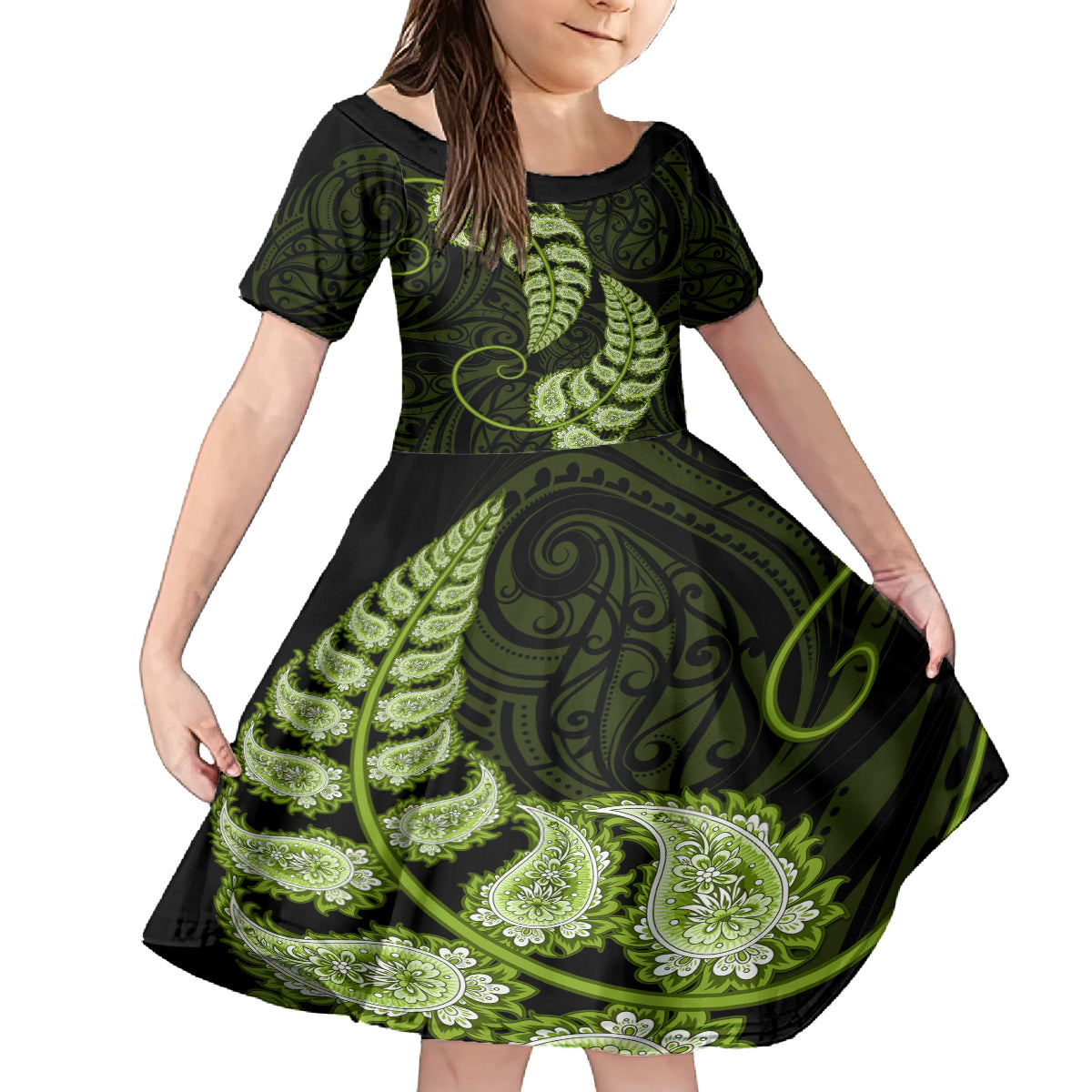 green-new-zealand-paisley-silver-fern-family-matching-off-shoulder-short-dress-and-hawaiian-shirt-aotearoa-maori