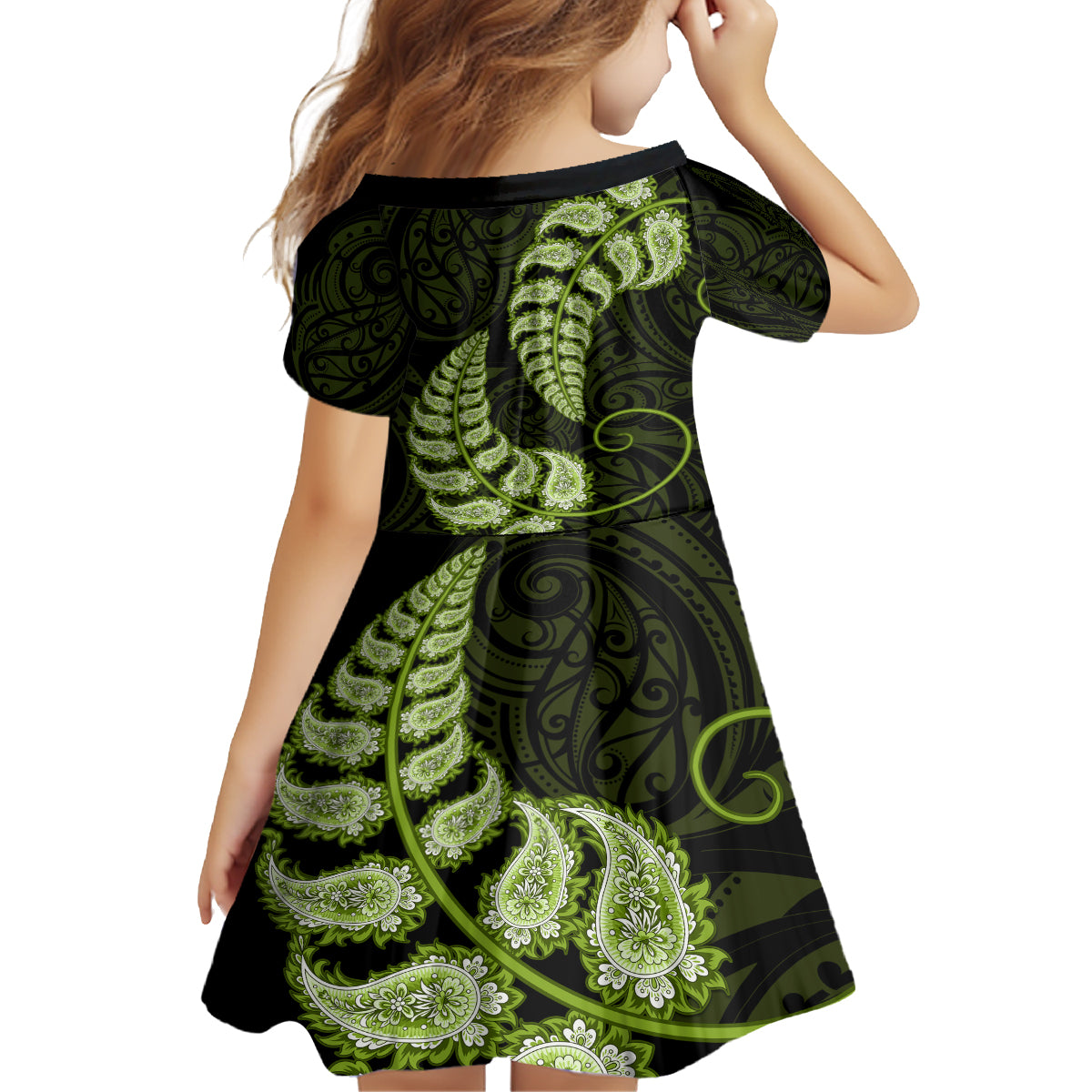 green-new-zealand-paisley-silver-fern-family-matching-off-shoulder-short-dress-and-hawaiian-shirt-aotearoa-maori