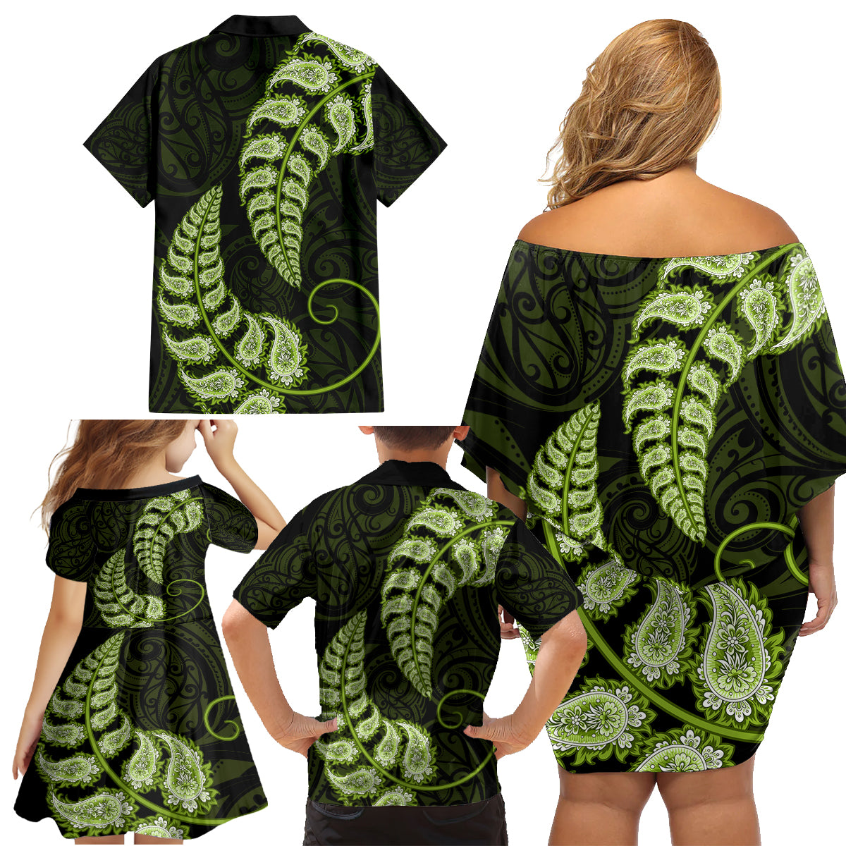 green-new-zealand-paisley-silver-fern-family-matching-off-shoulder-short-dress-and-hawaiian-shirt-aotearoa-maori