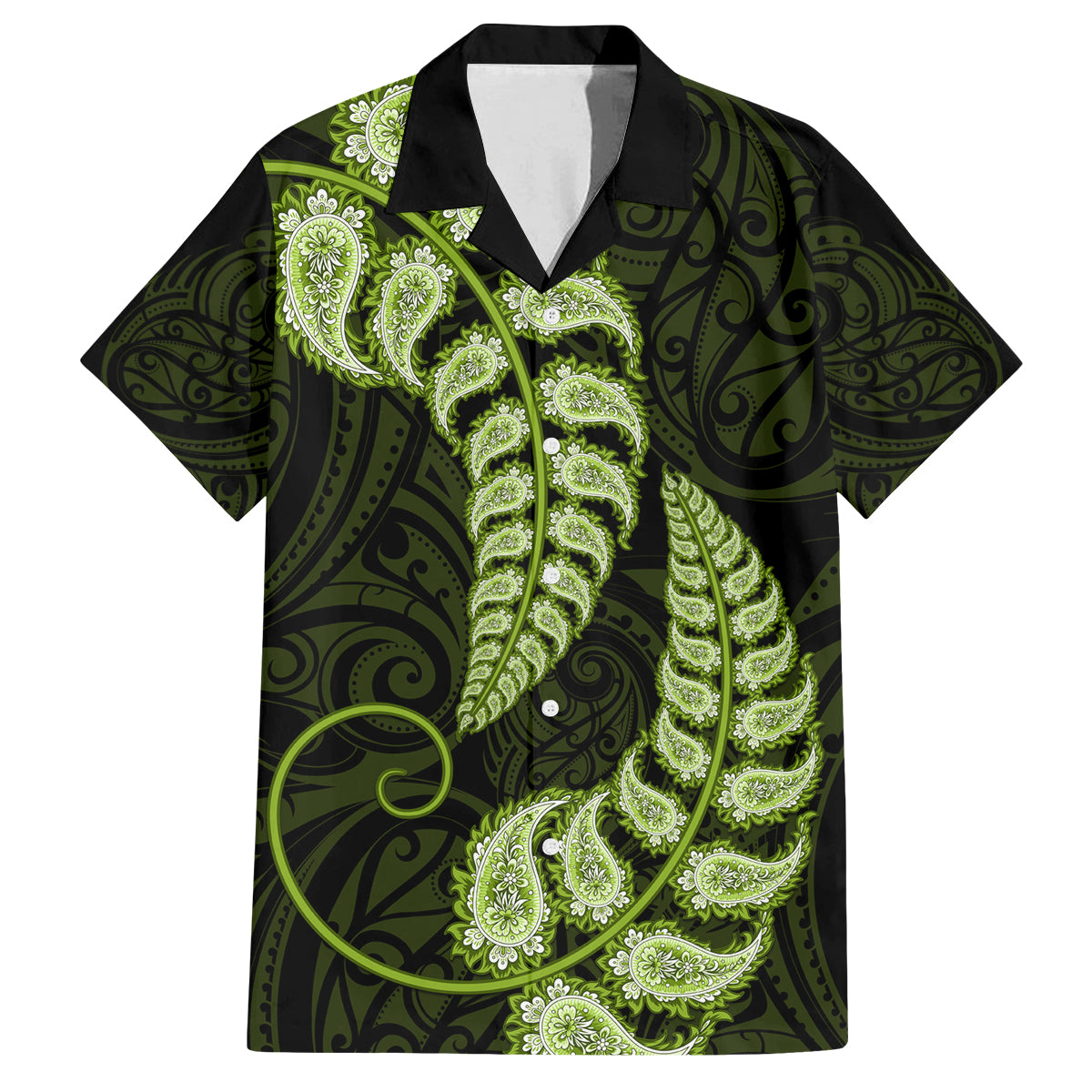 green-new-zealand-paisley-silver-fern-family-matching-off-shoulder-short-dress-and-hawaiian-shirt-aotearoa-maori