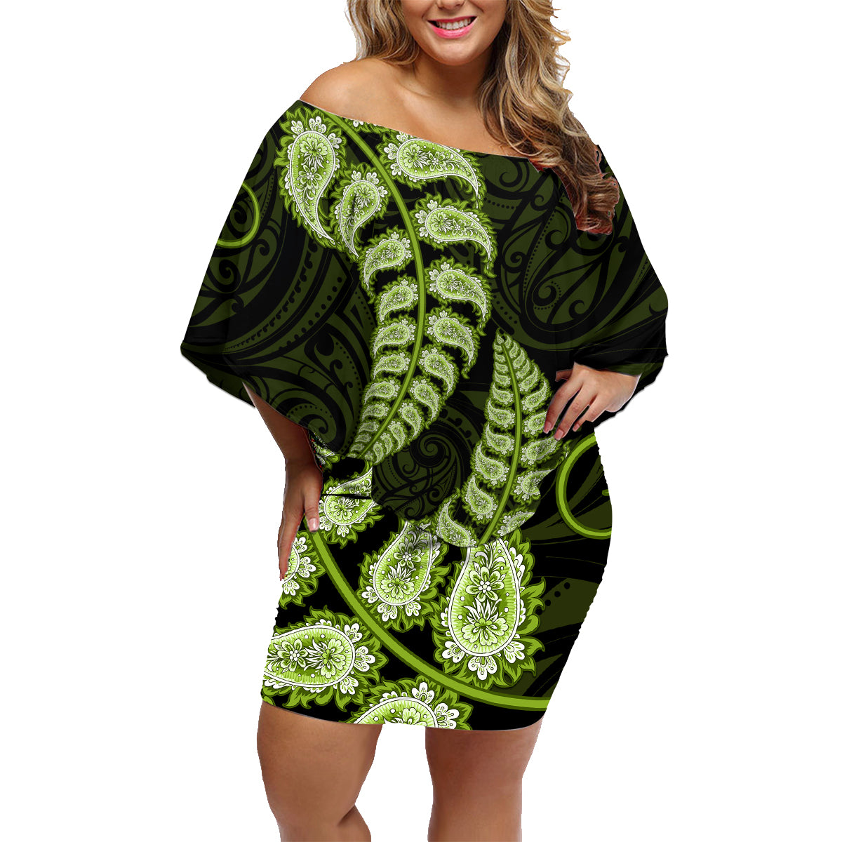 green-new-zealand-paisley-silver-fern-family-matching-off-shoulder-short-dress-and-hawaiian-shirt-aotearoa-maori