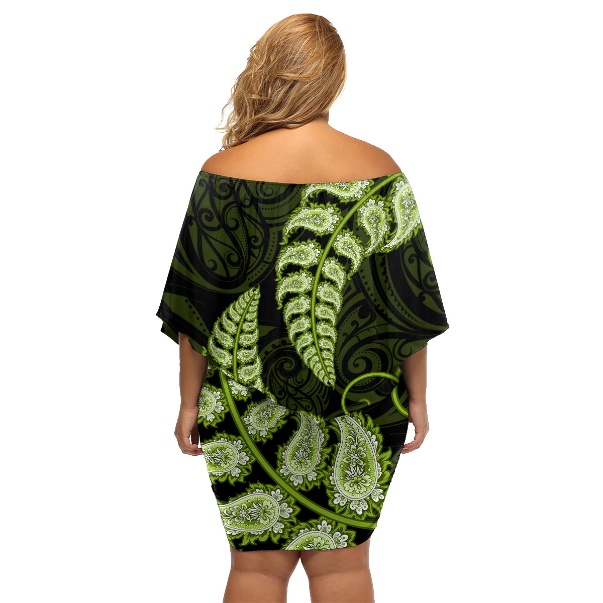 green-new-zealand-paisley-silver-fern-family-matching-off-shoulder-short-dress-and-hawaiian-shirt-aotearoa-maori