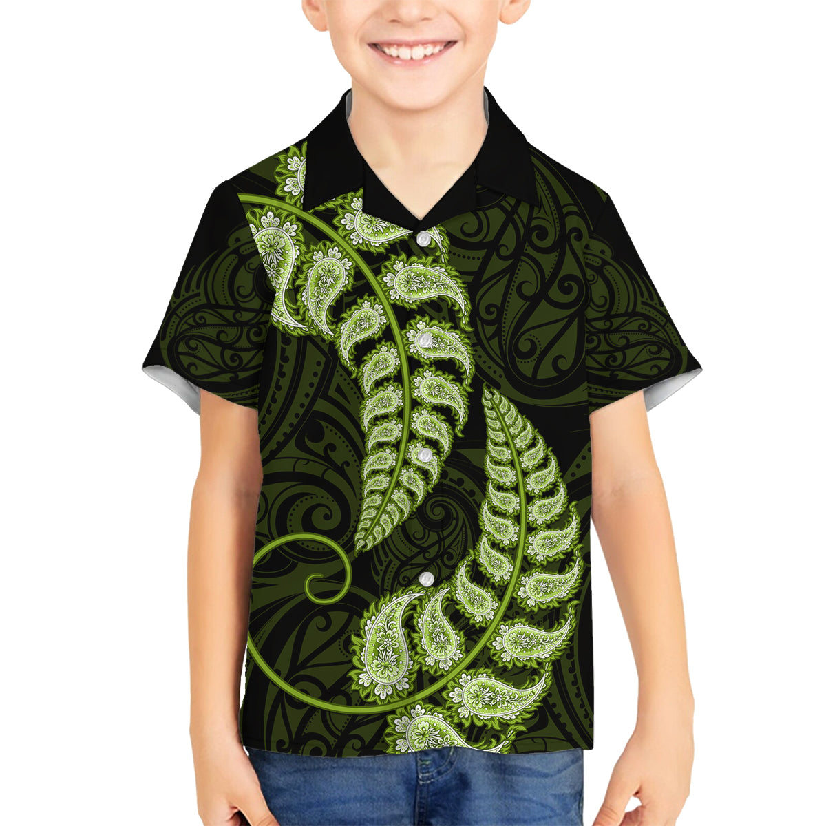 green-new-zealand-paisley-silver-fern-family-matching-off-shoulder-short-dress-and-hawaiian-shirt-aotearoa-maori