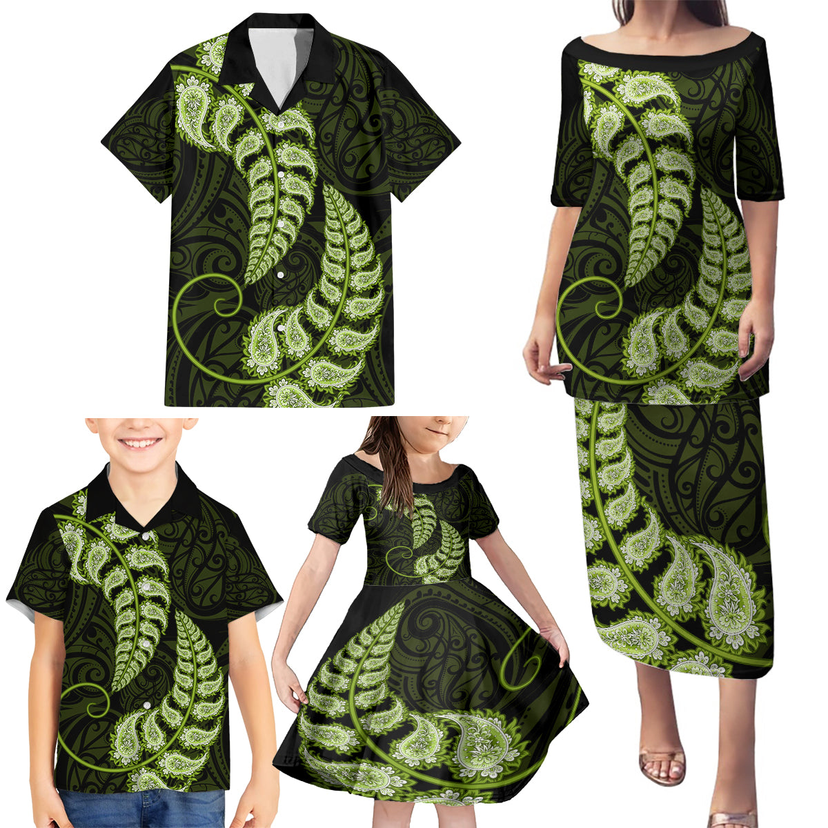 green-new-zealand-paisley-silver-fern-family-matching-puletasi-dress-and-hawaiian-shirt-aotearoa-maori