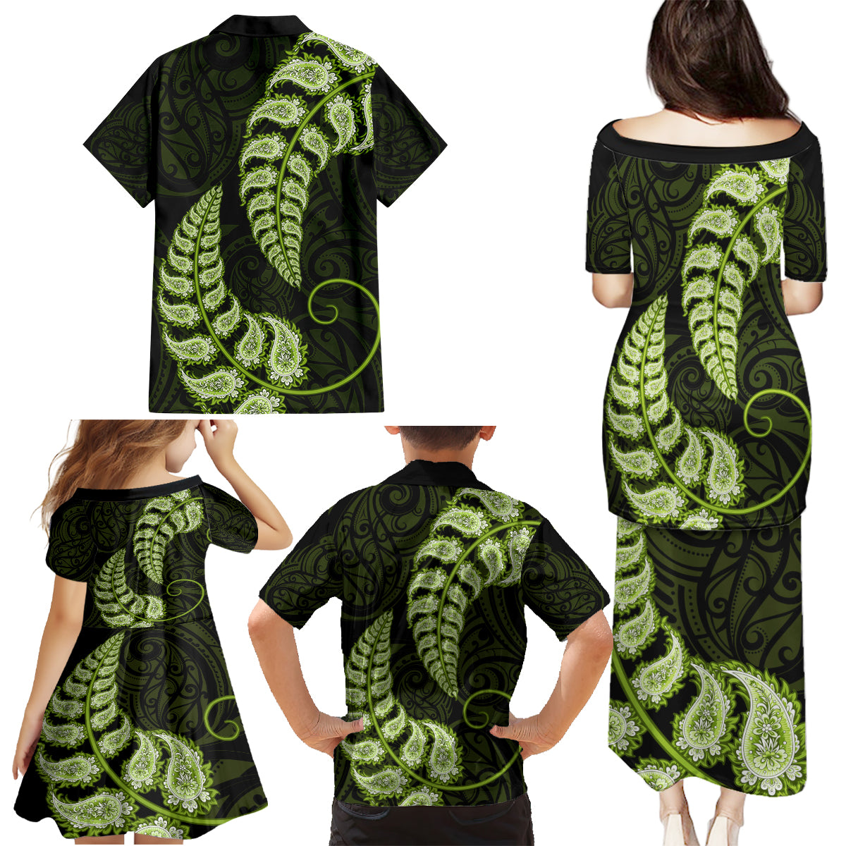 green-new-zealand-paisley-silver-fern-family-matching-puletasi-dress-and-hawaiian-shirt-aotearoa-maori