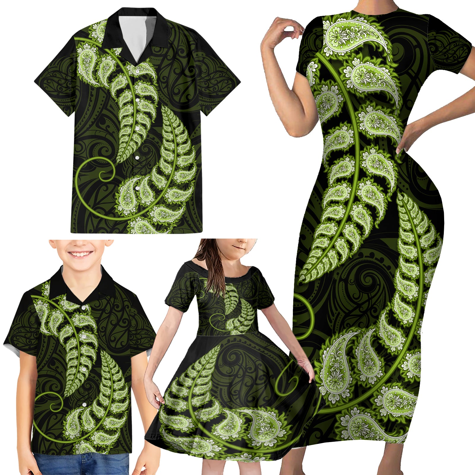 green-new-zealand-paisley-silver-fern-family-matching-short-sleeve-bodycon-dress-and-hawaiian-shirt-aotearoa-maori