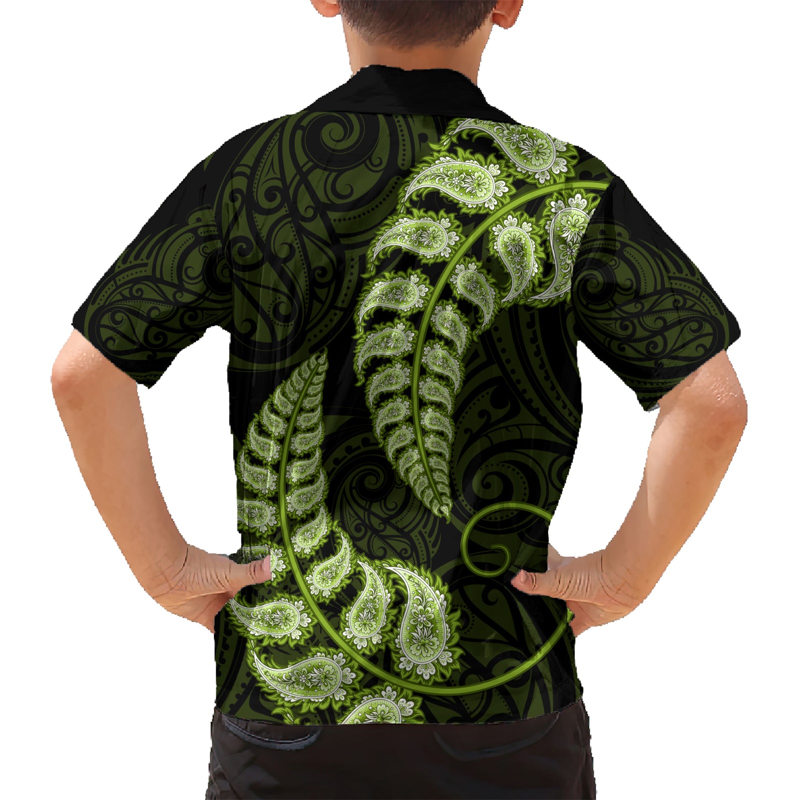 green-new-zealand-paisley-silver-fern-family-matching-short-sleeve-bodycon-dress-and-hawaiian-shirt-aotearoa-maori