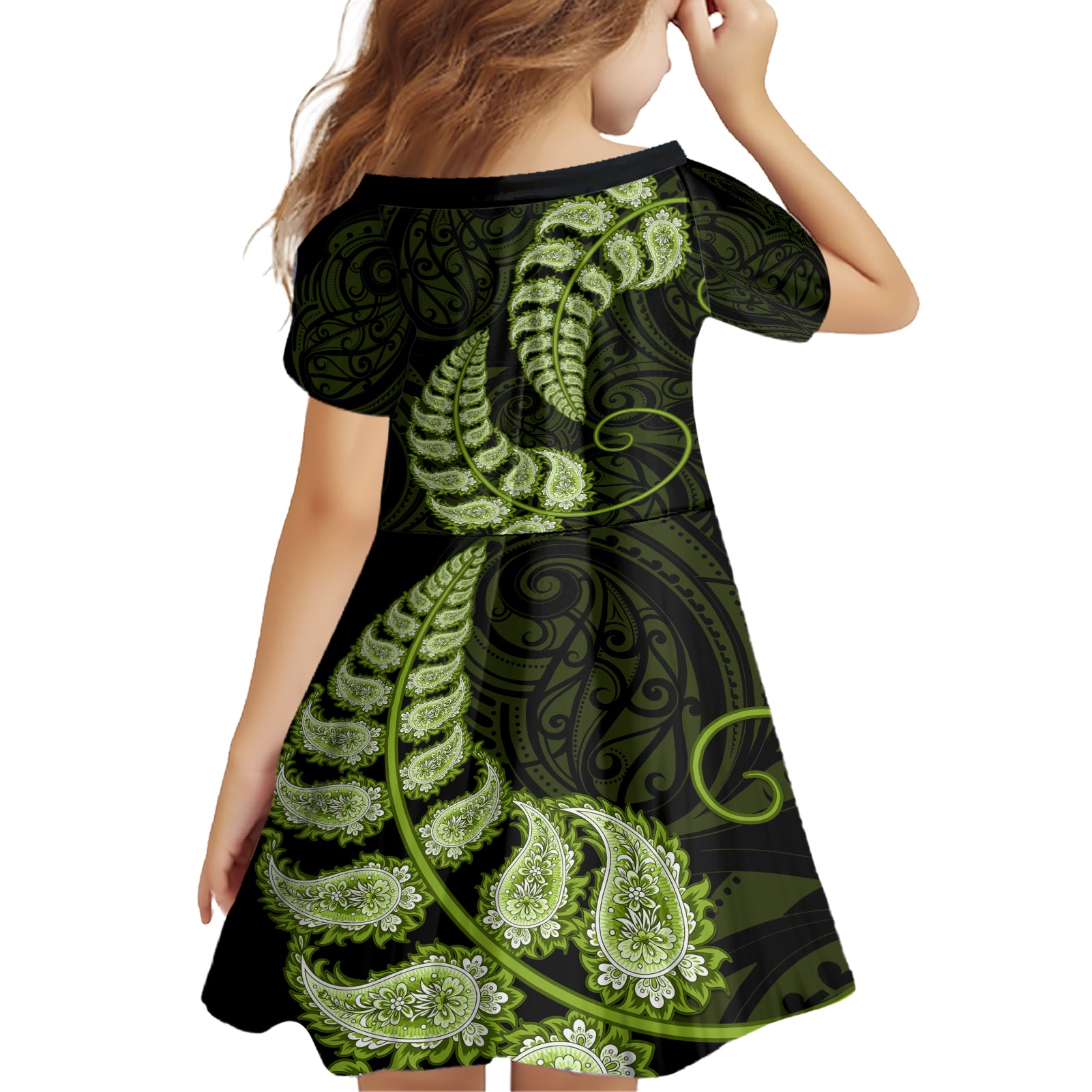 green-new-zealand-paisley-silver-fern-family-matching-short-sleeve-bodycon-dress-and-hawaiian-shirt-aotearoa-maori