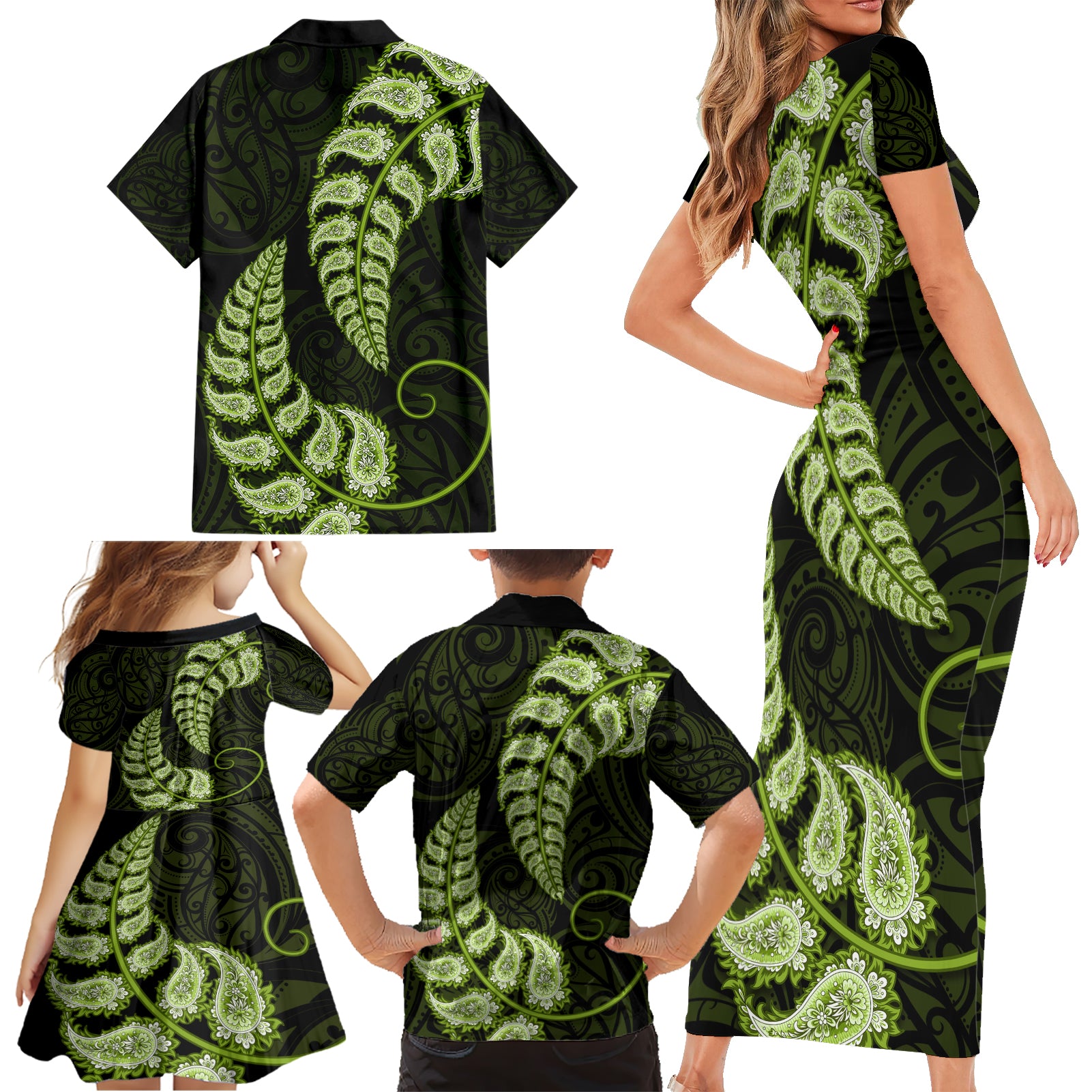 green-new-zealand-paisley-silver-fern-family-matching-short-sleeve-bodycon-dress-and-hawaiian-shirt-aotearoa-maori