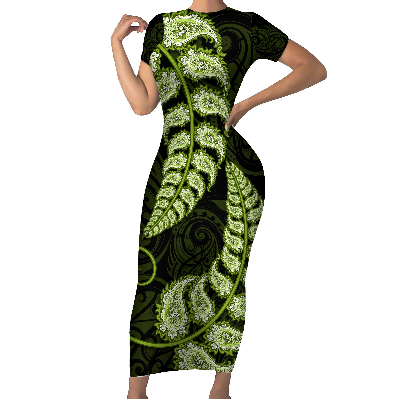 green-new-zealand-paisley-silver-fern-family-matching-short-sleeve-bodycon-dress-and-hawaiian-shirt-aotearoa-maori