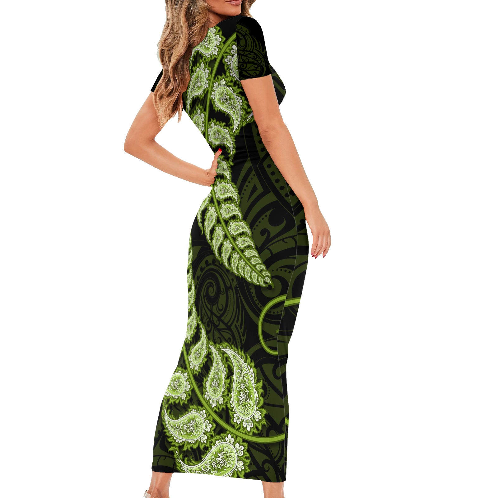 green-new-zealand-paisley-silver-fern-family-matching-short-sleeve-bodycon-dress-and-hawaiian-shirt-aotearoa-maori