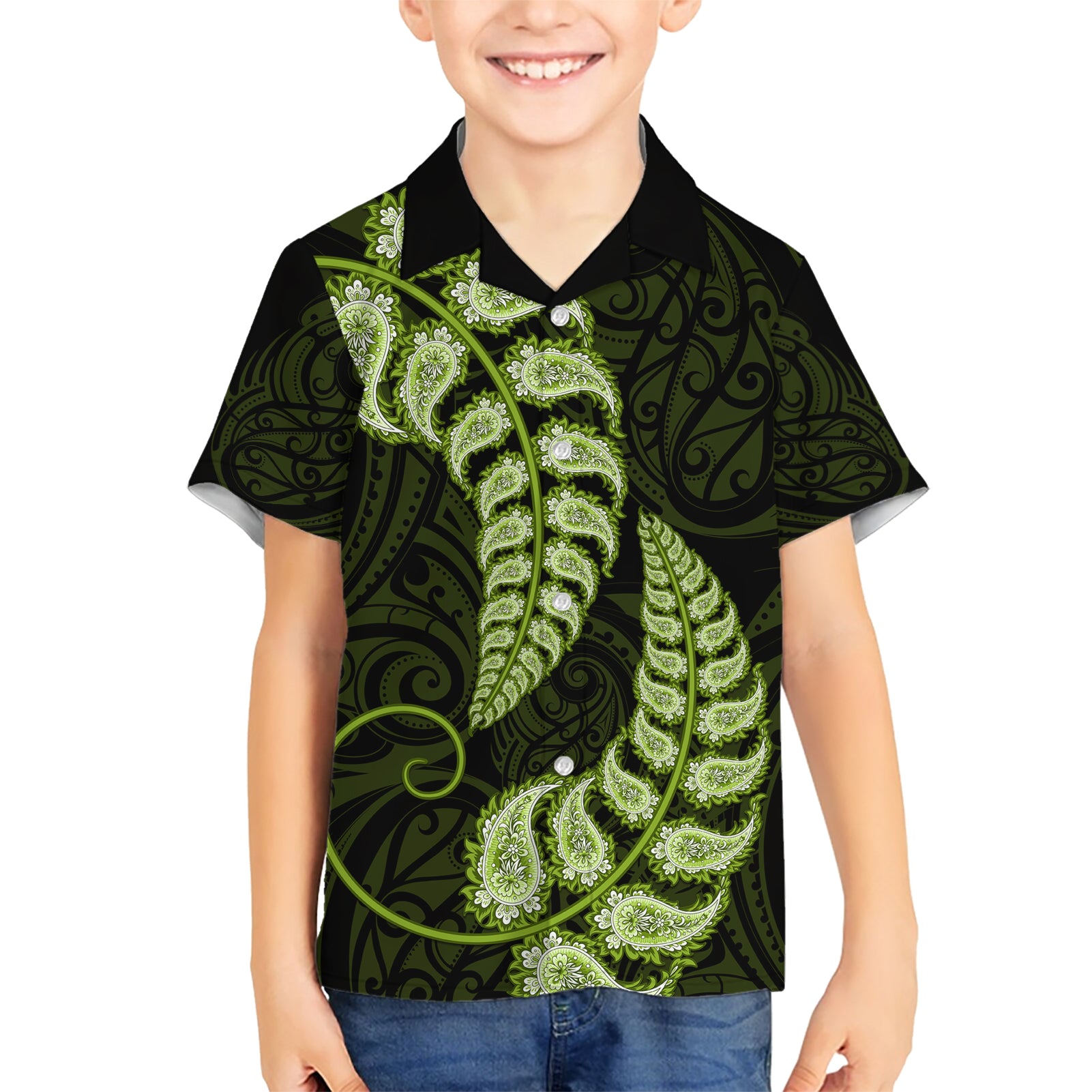 green-new-zealand-paisley-silver-fern-family-matching-short-sleeve-bodycon-dress-and-hawaiian-shirt-aotearoa-maori