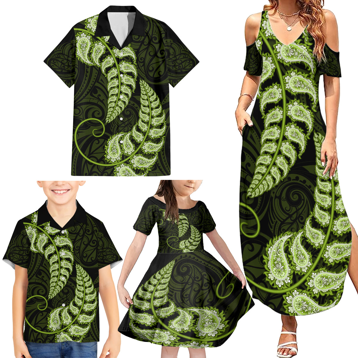 green-new-zealand-paisley-silver-fern-family-matching-summer-maxi-dress-and-hawaiian-shirt-aotearoa-maori