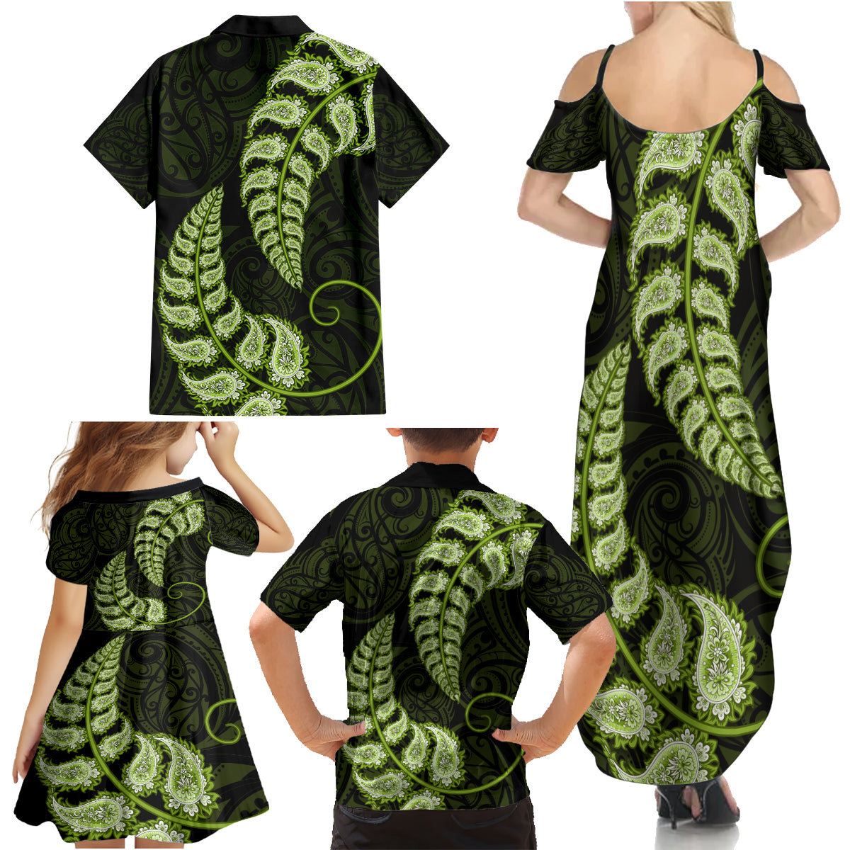 green-new-zealand-paisley-silver-fern-family-matching-summer-maxi-dress-and-hawaiian-shirt-aotearoa-maori