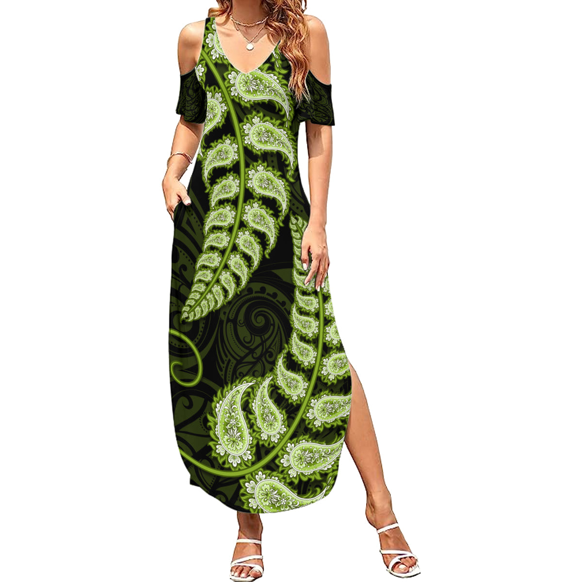 green-new-zealand-paisley-silver-fern-family-matching-summer-maxi-dress-and-hawaiian-shirt-aotearoa-maori