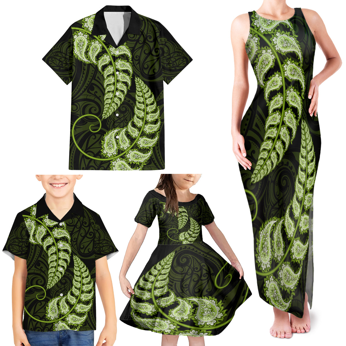 green-new-zealand-paisley-silver-fern-family-matching-tank-maxi-dress-and-hawaiian-shirt-aotearoa-maori