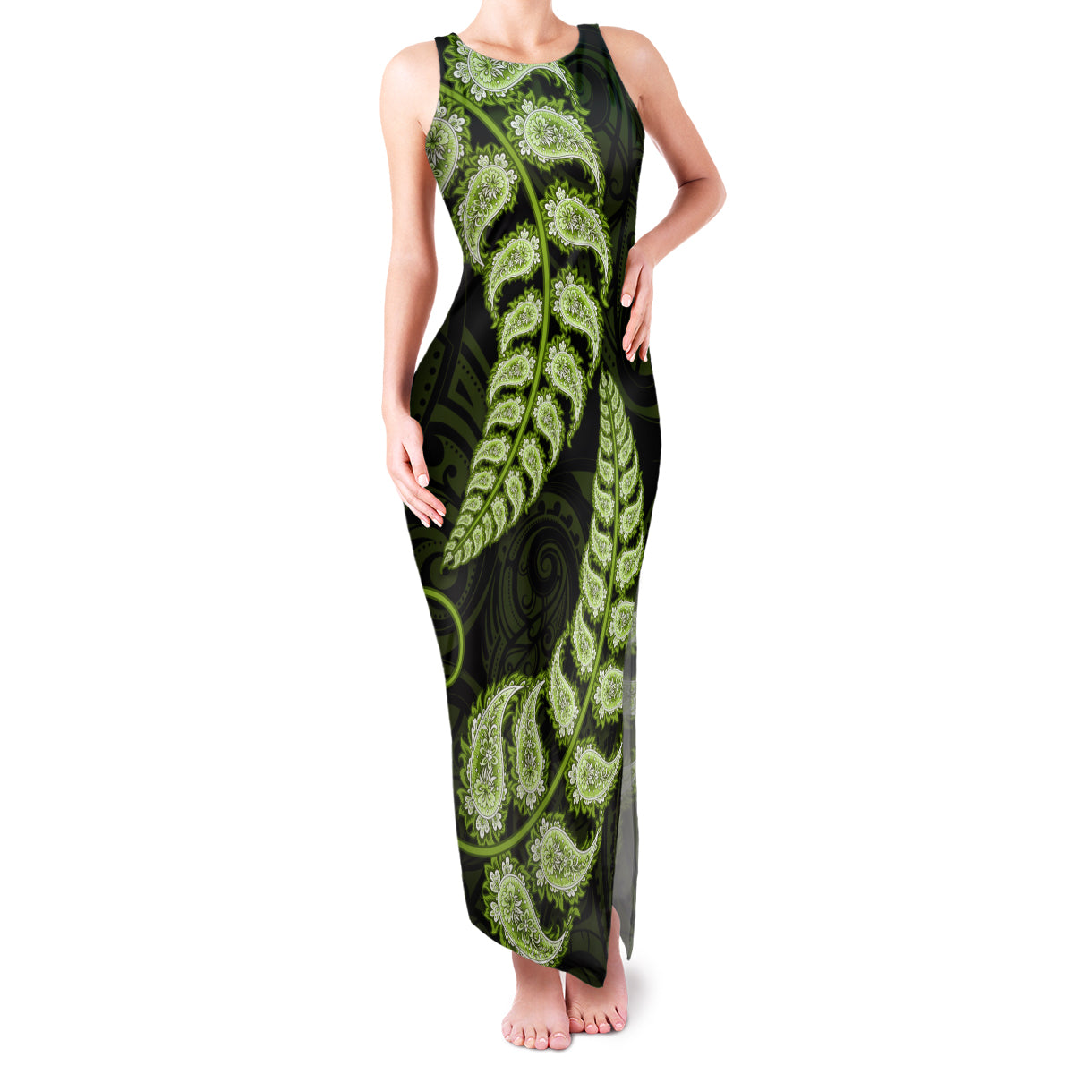 green-new-zealand-paisley-silver-fern-family-matching-tank-maxi-dress-and-hawaiian-shirt-aotearoa-maori