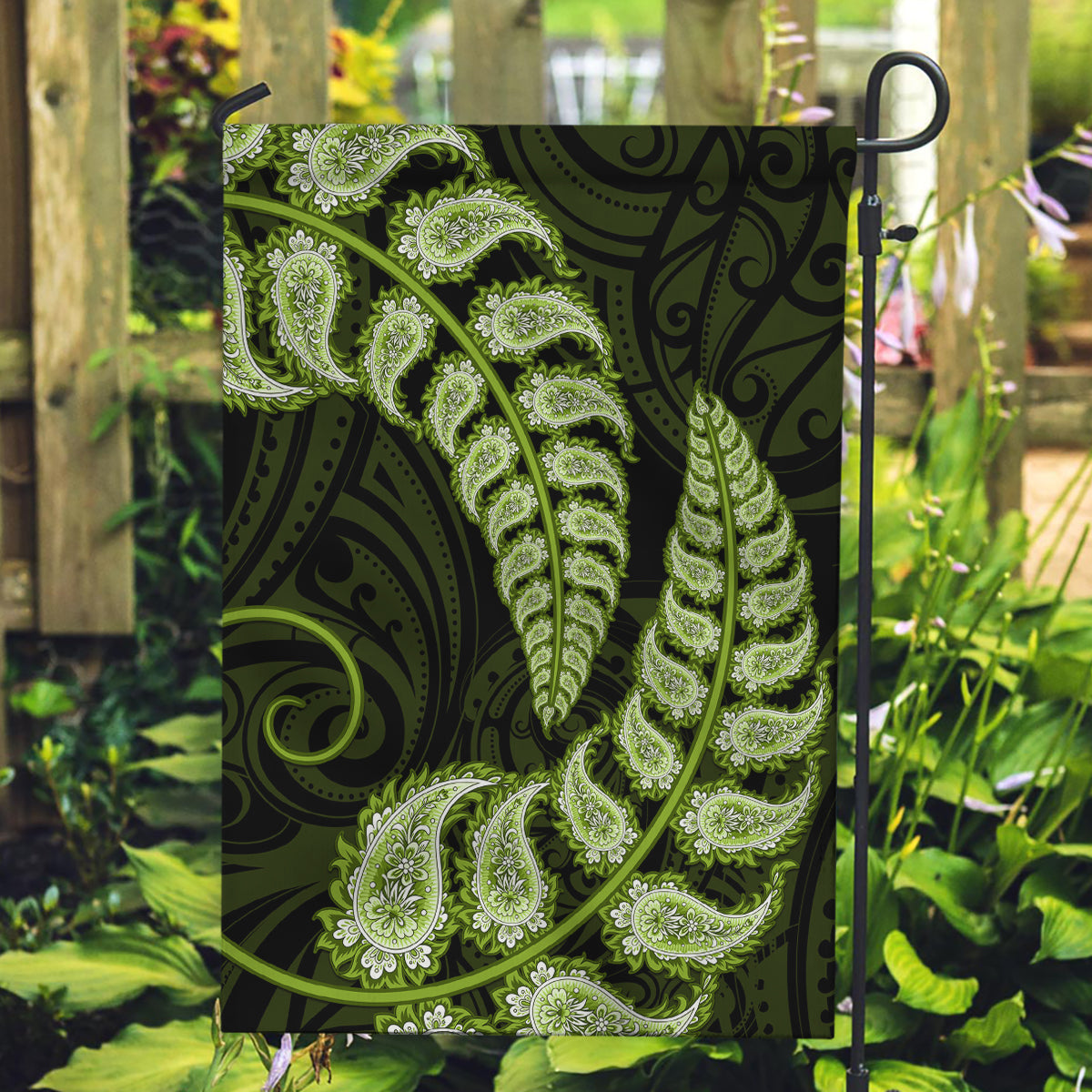 Green New Zealand Paisley Silver Fern Garden Flag Aotearoa Maori - Vibe Hoodie Shop