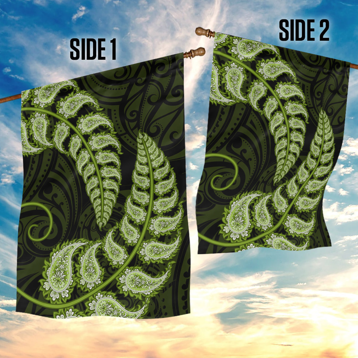 Green New Zealand Paisley Silver Fern Garden Flag Aotearoa Maori - Vibe Hoodie Shop