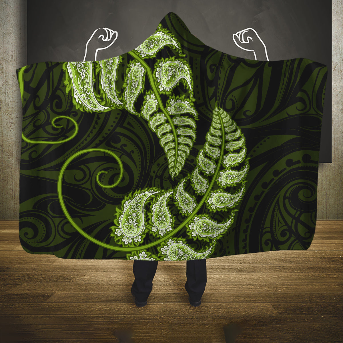 green-new-zealand-paisley-silver-fern-hooded-blanket-aotearoa-maori