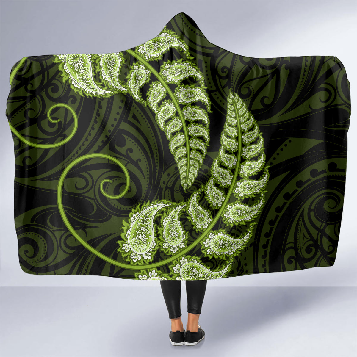 green-new-zealand-paisley-silver-fern-hooded-blanket-aotearoa-maori