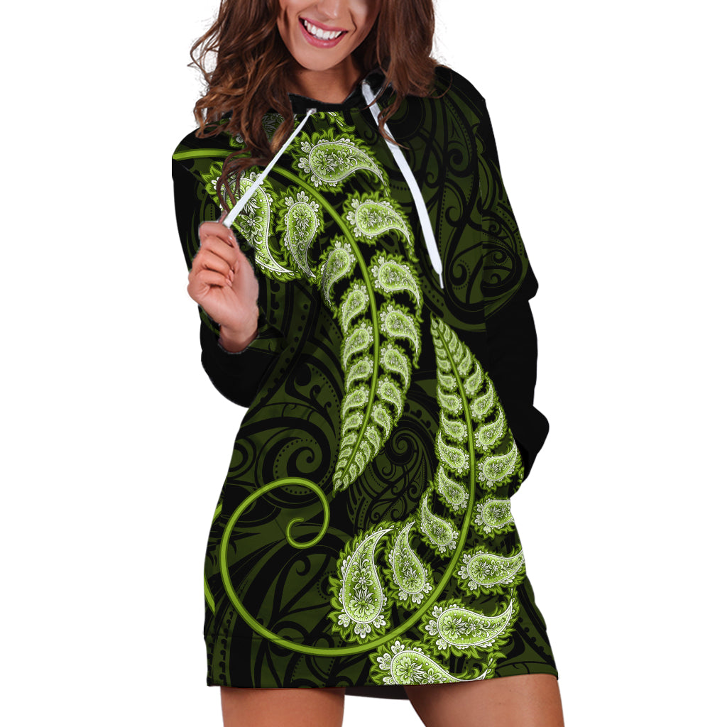 Green New Zealand Paisley Silver Fern Hoodie Dress Aotearoa Maori - Vibe Hoodie Shop