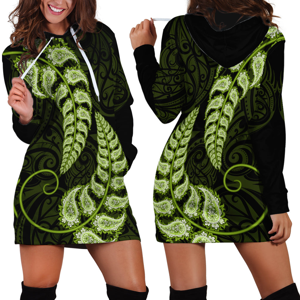 Green New Zealand Paisley Silver Fern Hoodie Dress Aotearoa Maori - Vibe Hoodie Shop