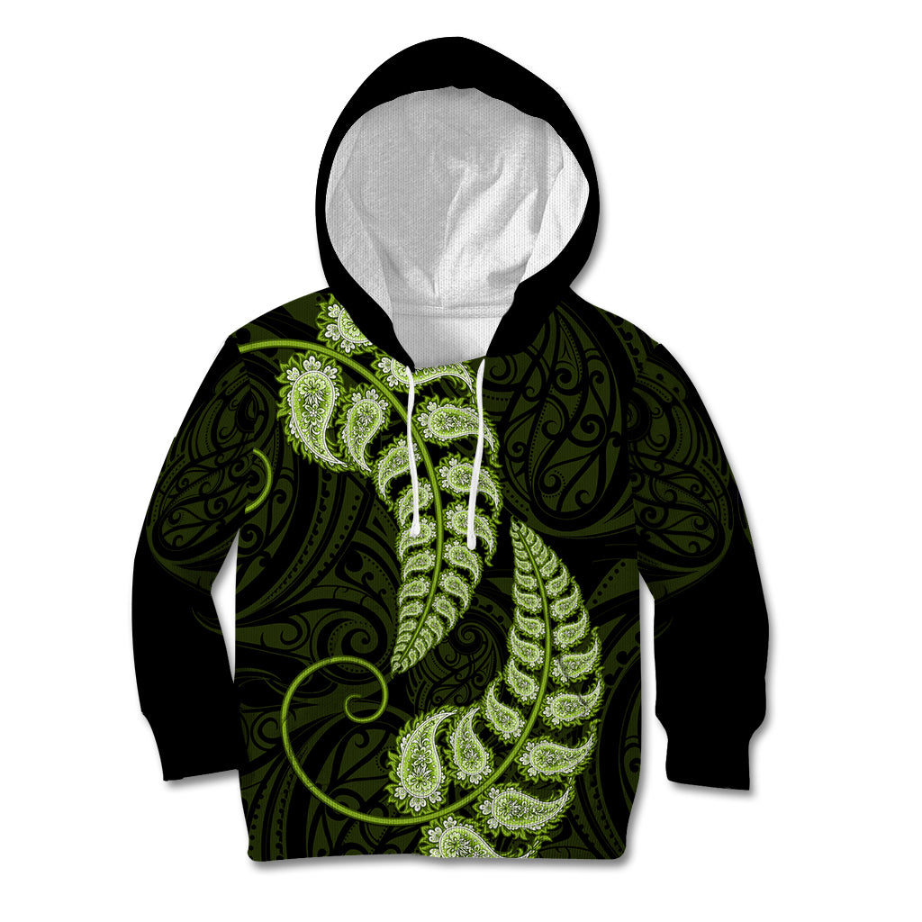 Green New Zealand Paisley Silver Fern Kid Hoodie Aotearoa Maori - Vibe Hoodie Shop