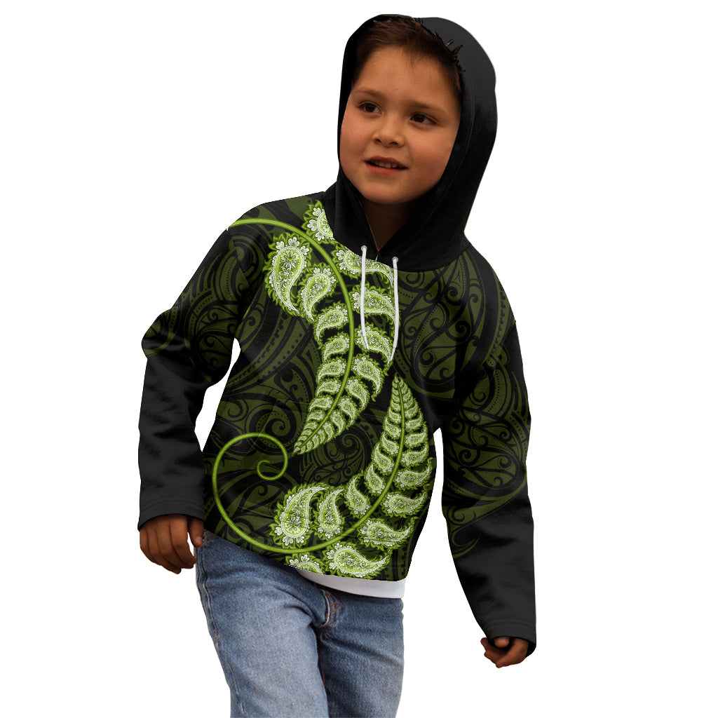 Green New Zealand Paisley Silver Fern Kid Hoodie Aotearoa Maori - Vibe Hoodie Shop