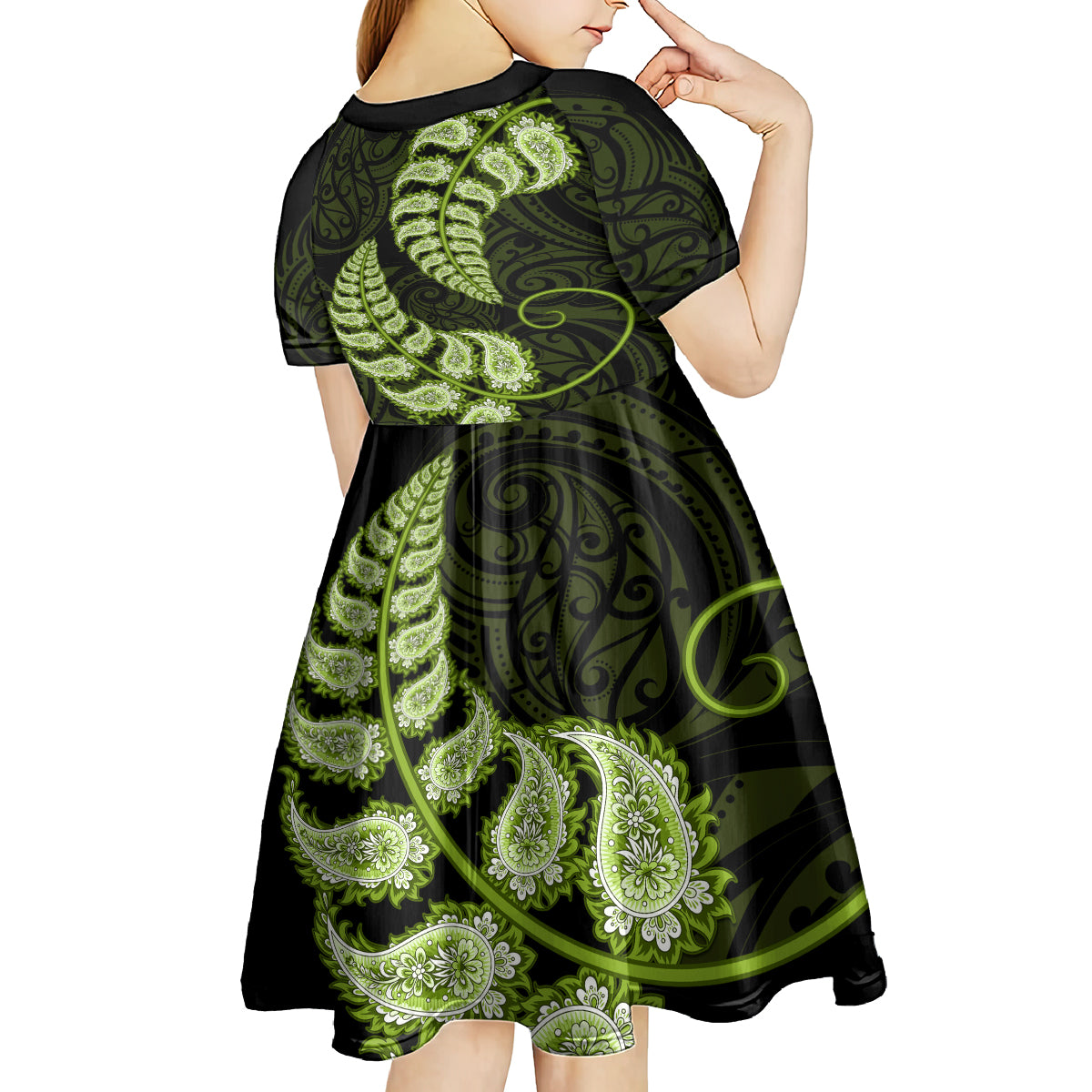 Green New Zealand Paisley Silver Fern Kid Short Sleeve Dress Aotearoa Maori - Vibe Hoodie Shop