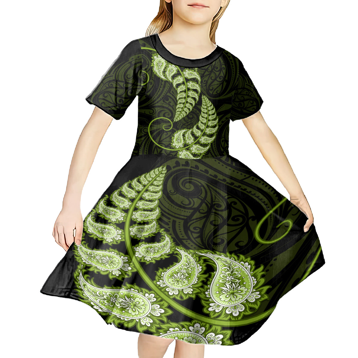 Green New Zealand Paisley Silver Fern Kid Short Sleeve Dress Aotearoa Maori - Vibe Hoodie Shop