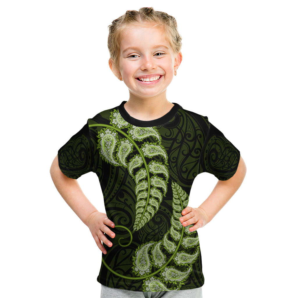 Green New Zealand Paisley Silver Fern Kid T Shirt Aotearoa Maori - Vibe Hoodie Shop