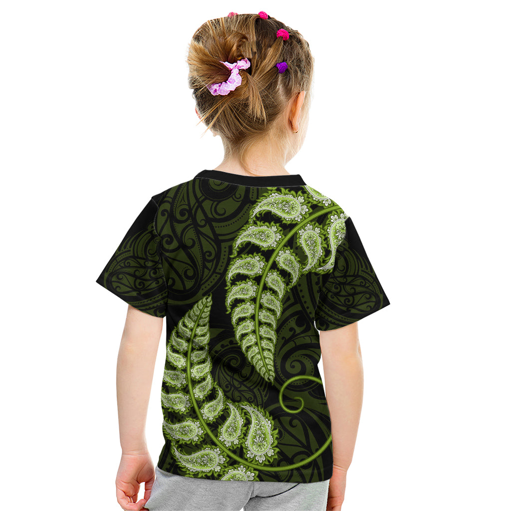 Green New Zealand Paisley Silver Fern Kid T Shirt Aotearoa Maori - Vibe Hoodie Shop