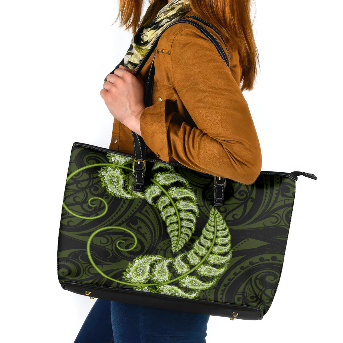 green-new-zealand-paisley-silver-fern-leather-tote-bag-aotearoa-maori