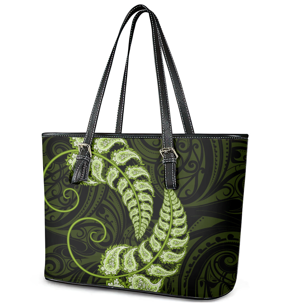 green-new-zealand-paisley-silver-fern-leather-tote-bag-aotearoa-maori