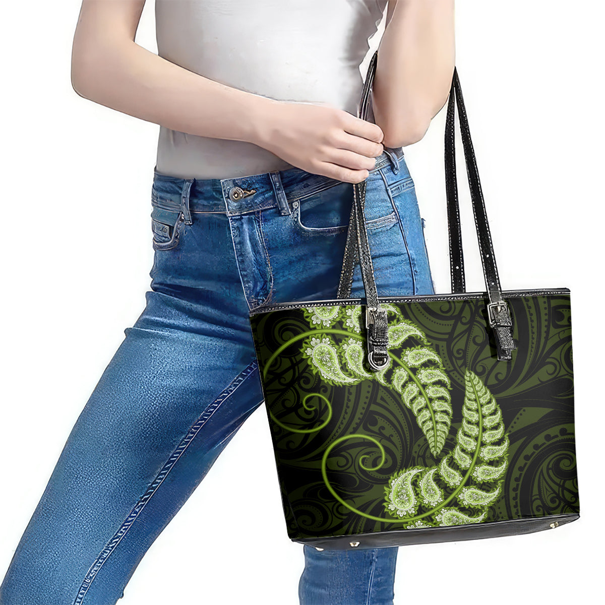 green-new-zealand-paisley-silver-fern-leather-tote-bag-aotearoa-maori