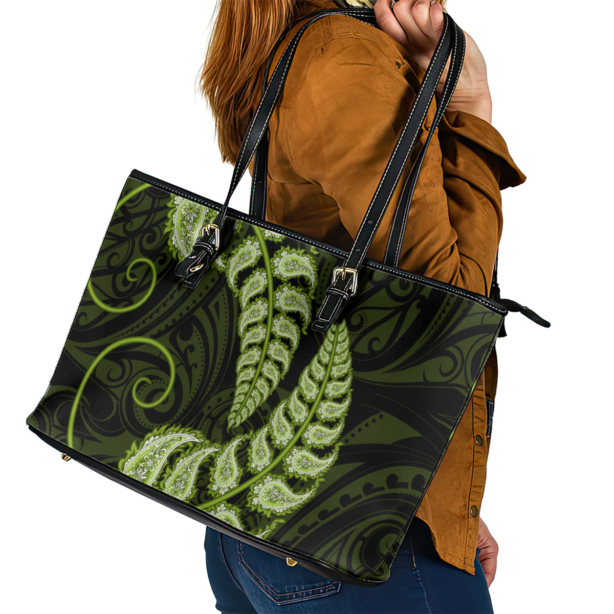 green-new-zealand-paisley-silver-fern-leather-tote-bag-aotearoa-maori