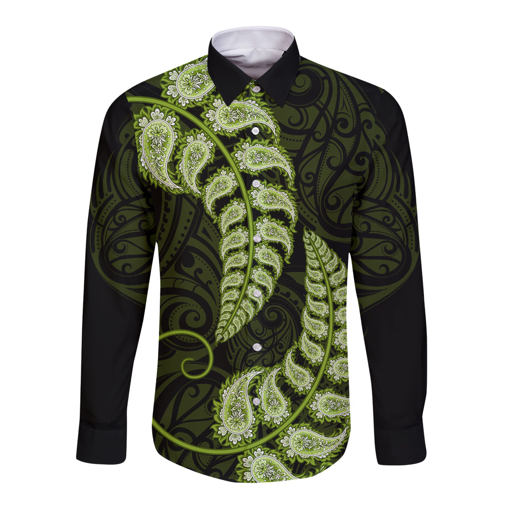 Green New Zealand Paisley Silver Fern Long Sleeve Button Shirt Aotearoa Maori - Vibe Hoodie Shop