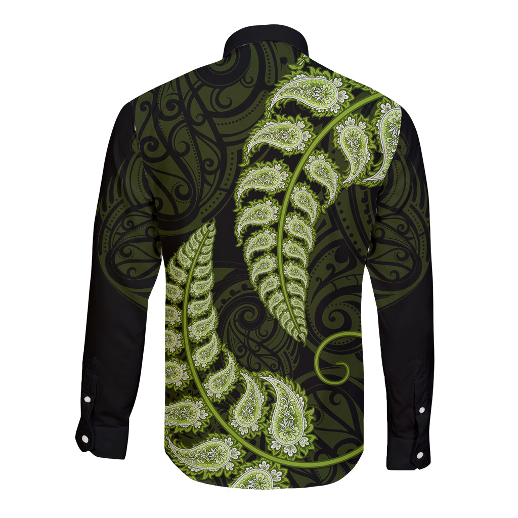 Green New Zealand Paisley Silver Fern Long Sleeve Button Shirt Aotearoa Maori - Vibe Hoodie Shop