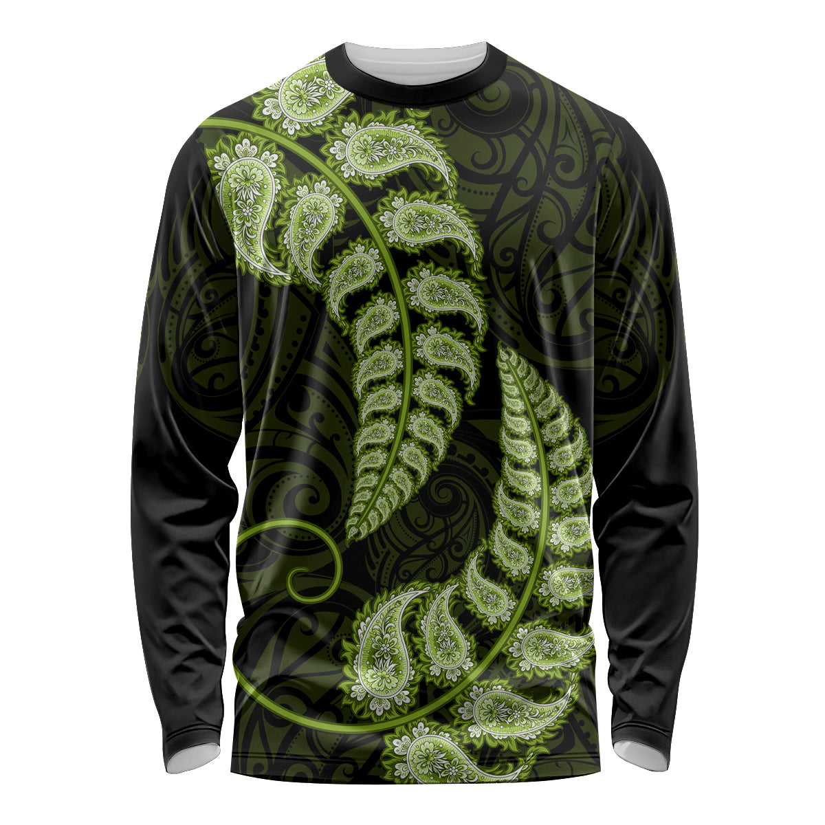 Green New Zealand Paisley Silver Fern Long Sleeve Shirt Aotearoa Maori - Vibe Hoodie Shop